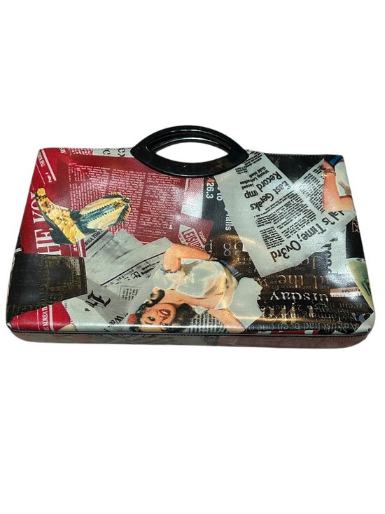 Jeanne Lottie Vintage Newspaper Print Clutch Lucite Handles Statement Bag Bold - Picture 1 of 14